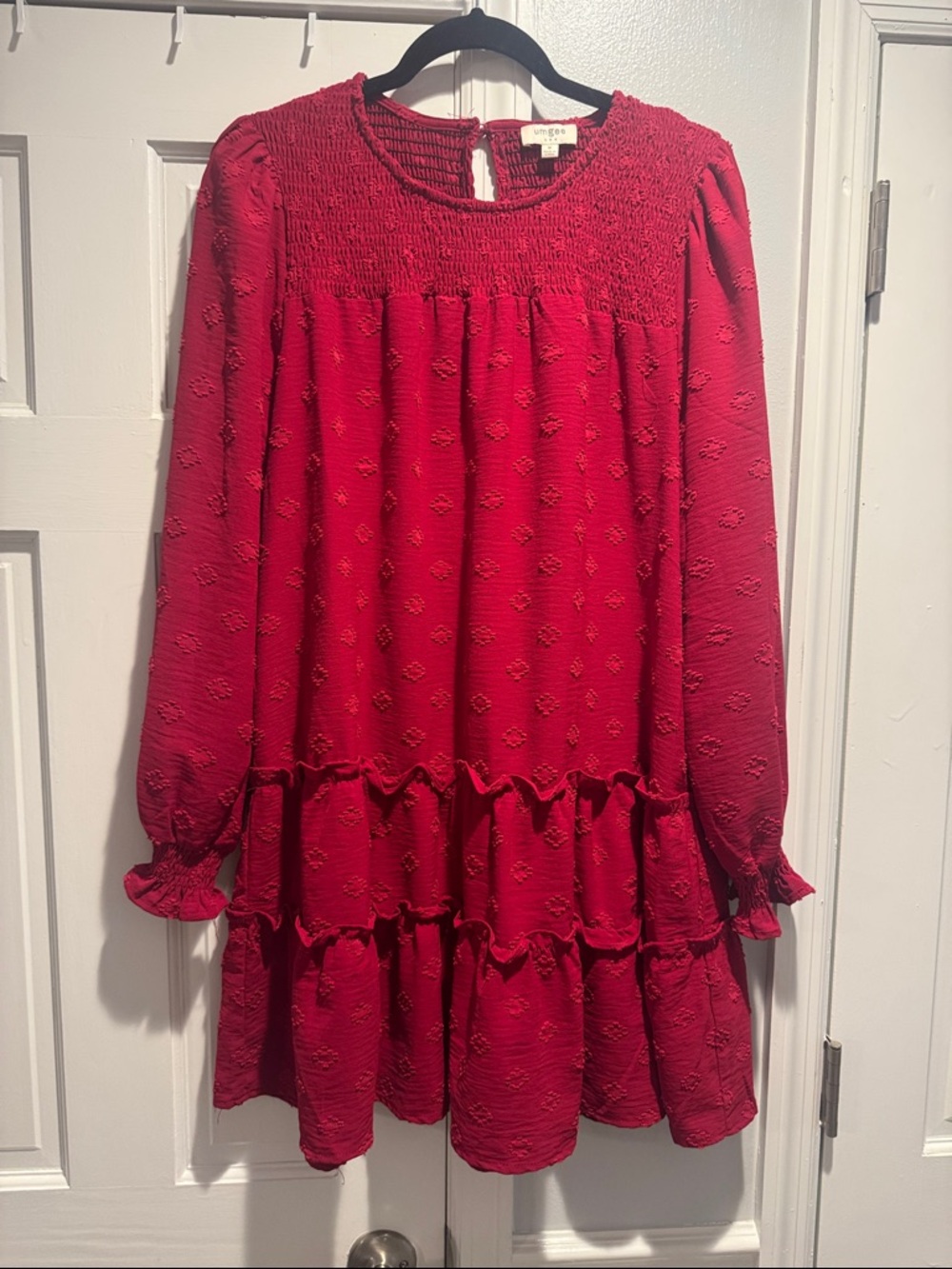 Umgee Red Smocked Yoke Tiered Long-Sleeve Dress